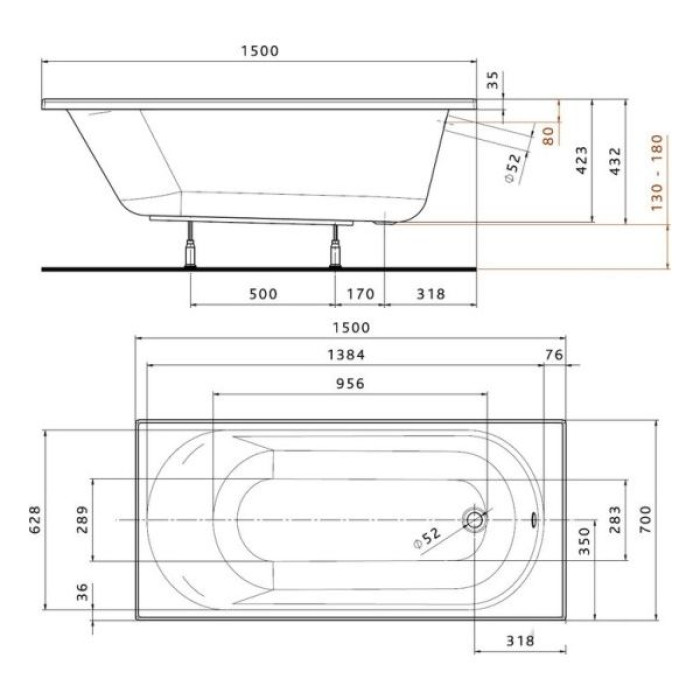 OPAL Plus ванна 150х70 см, прямокутна, без ніжок, KOLO Украина (XWP135000N)