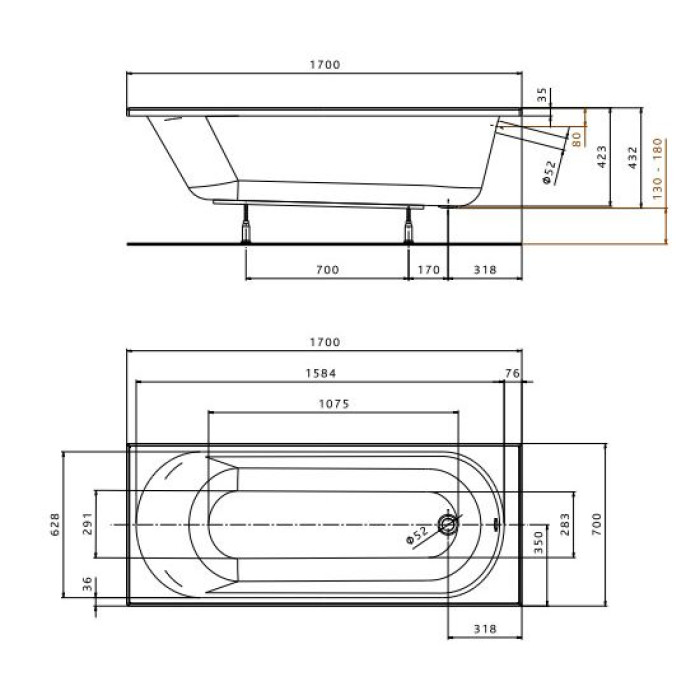 OPAL Plus ванна 170х70 см, прямоугольная, без ножек, KOLO Украина (XWP137000N)