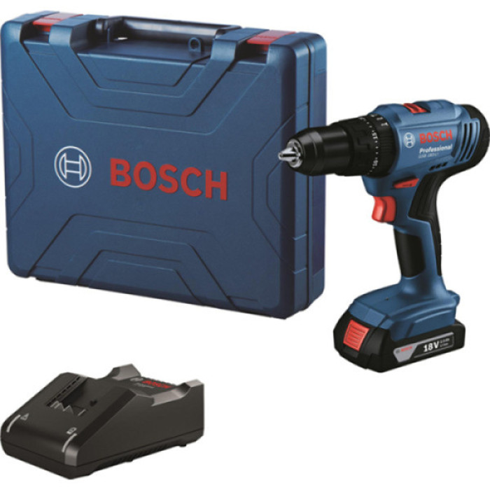 Bosch Шурупокрут-дриль ударний акумуляторний GSB 183-LI 18В 1х2А·год 21-56Нм 374-1815об·хв кейс 1.2кг (06019K9101)