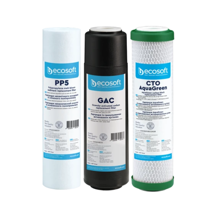 Покращений комплект картриджів Ecosoft 1-2-3 для фільтрів зворотного осмосу з функцією економії води (CHV3ECOAGR) (CHV3ECOAGR)