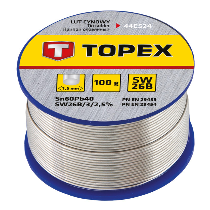 Припій олов'яний TOPEX Sn60Pb40 флюс SW26B дріт 1.5мм 100гр (44E524)