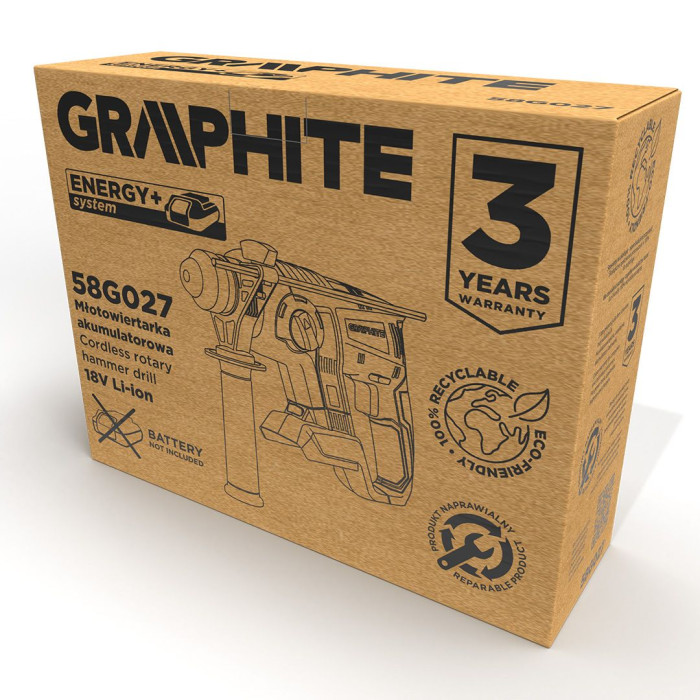 Перфоратор акумуляторний GRAPHITE Energy+ SDS-plus 18В 2.2Дж 2.26кг без АКБ та ЗП (58G027)
