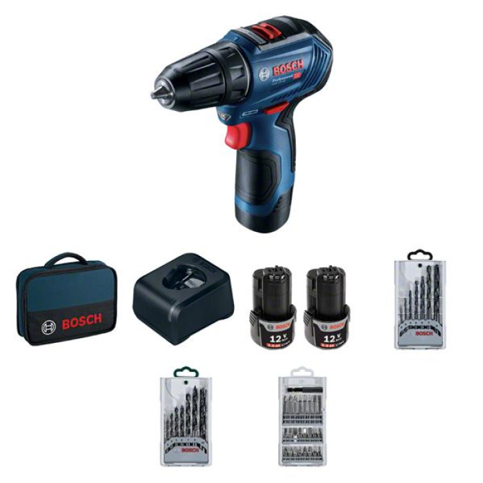 Bosch Шурупокрут-дриль акумуляторний GSR 12V-30, 12В 2х2Аг, 18/30 Нм, 20+1, 420/1600об/хв, ЗП, кейс, набір оснастки, 0.89 кг (06019G9001)