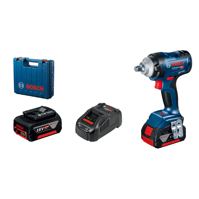 Bosch Гайкокрут Professional GDS 18V-400 акум, 2* 18 В GBA 5 Аг, 400 Нм, 0-2500 об/хв, ЗУ GAL 18V-40, кейс, зажим квадрат, 1.87 кг (06019K0020)