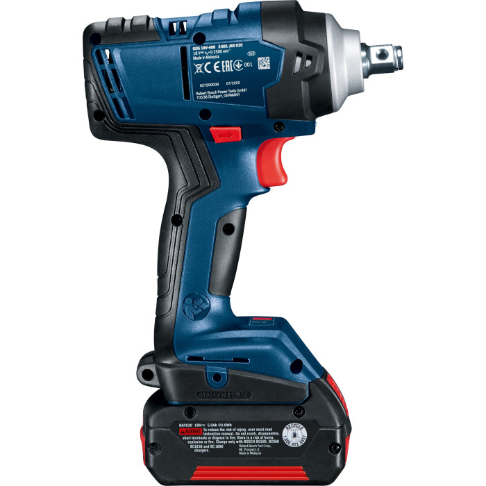 Bosch Гайкокрут Professional GDS 18V-400 акум, 2* 18 В GBA 5 Аг, 400 Нм, 0-2500 об/хв, ЗУ GAL 18V-40, кейс, зажим квадрат, 1.87 кг (06019K0020)