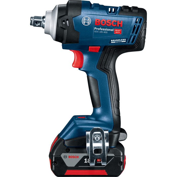 Bosch Гайкокрут Professional GDS 18V-400 акум, 2* 18 В GBA 5 Аг, 400 Нм, 0-2500 об/хв, ЗУ GAL 18V-40, кейс, зажим квадрат, 1.87 кг (06019K0020)