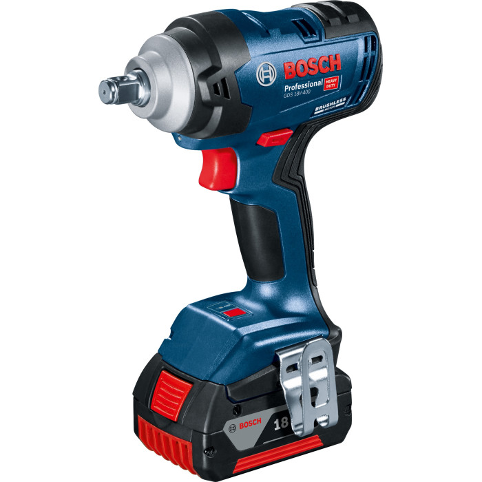 Bosch Гайкокрут Professional GDS 18V-400 акум, 2* 18 В GBA 5 Аг, 400 Нм, 0-2500 об/хв, ЗУ GAL 18V-40, кейс, зажим квадрат, 1.87 кг (06019K0020)