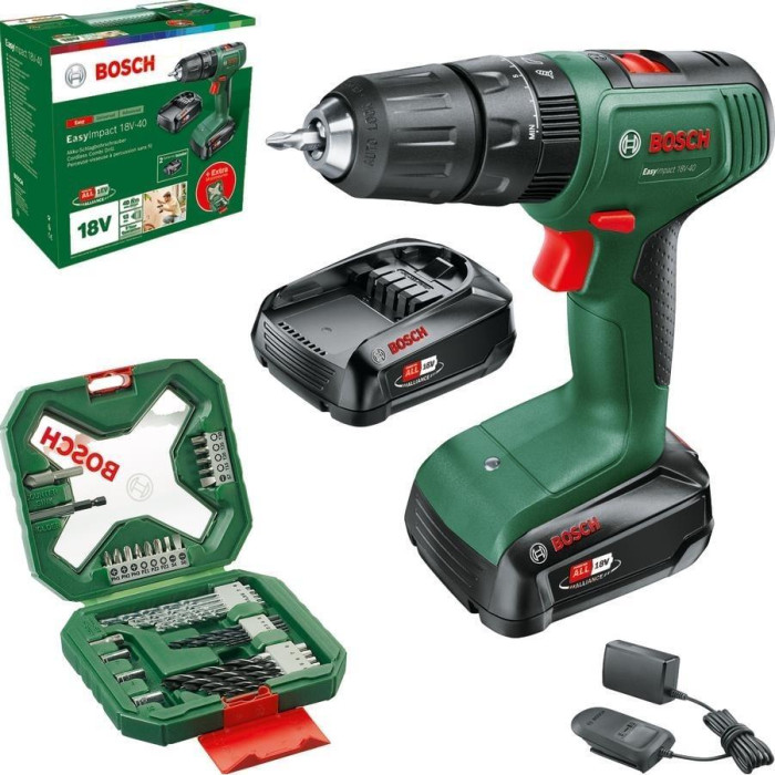 Bosch Шурупокрут-дриль акумуляторний EasyImpact 18V-40 18В 2х2А·год 20·38Нм 0-430·0-1630об·хв кейс ЗП набір з 34 предметів (АС Xline) 1.4кг (06039D8109)