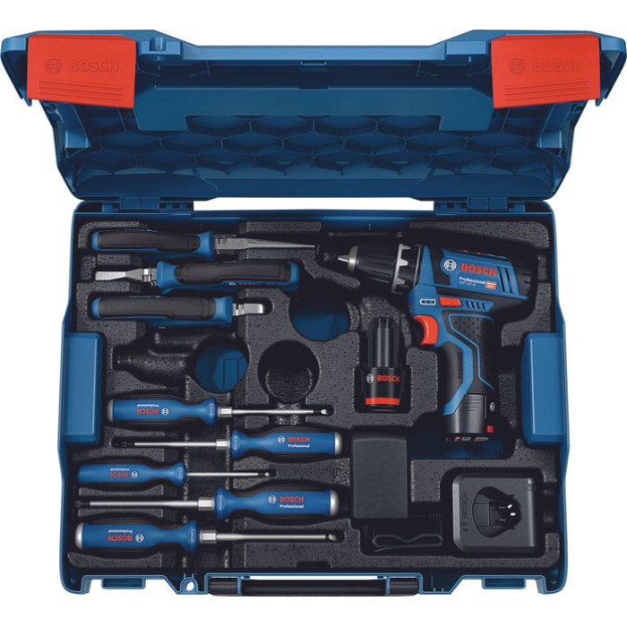 Шурупокрут-дриль акумуляторний Bosch GSR 12V-15 2х2А·год 30Нм 400·1300об·хв 0.89кг GAL 12V-20 + набір ручного інструменту (060186810R)