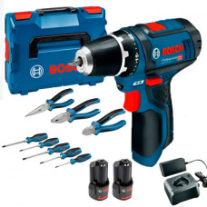 Шурупокрут-дриль акумуляторний Bosch GSR 12V-15 2х2А·год 30Нм 400·1300об·хв 0.89кг GAL 12V-20 + набір ручного інструменту (060186810R)