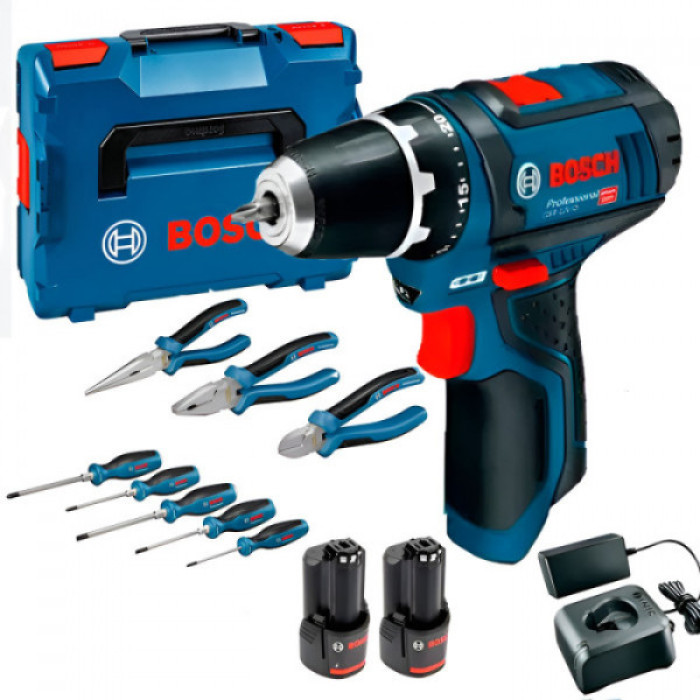 Шурупокрут-дриль акумуляторний Bosch GSR 12V-15 2х2А·год 30Нм 400·1300об·хв 0.89кг GAL 12V-20 + набір ручного інструменту (060186810R)