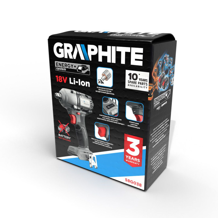 Гайковерт ударний GRAPHITE Energy+ 18В безщітковий 2600об·хв 450Нм 1/2