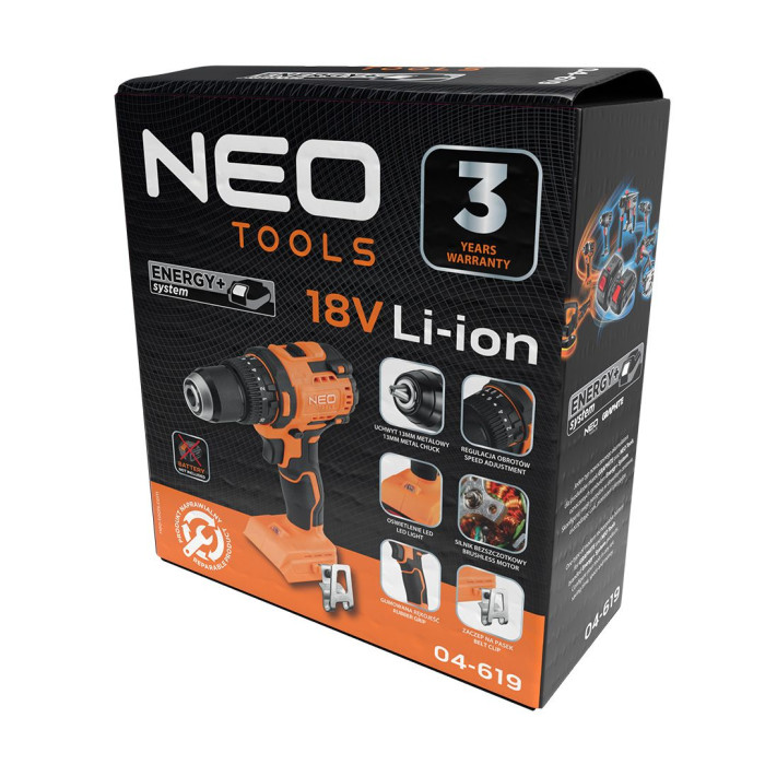 Шурупокрут-дриль акумуляторний Neo Tools Energy+ 18В безщітковий 95Нм 0-320·0-1700об·хв 1.2кг без АКБ та ЗП (04-619)