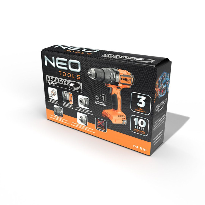 Шурупокрут-дриль акумуляторний Neo Tools Energy+ 18В безщітковий 100Нм 0-480·0-1900об·хв 1.56кг без АКБ та ЗП (04-616)