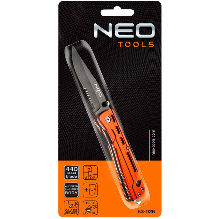 Ніж складаний Neo Tools, 200мм, лезо 85мм, фіксатор, рукоятка з анодованого алюмінію, чохол (63-026)