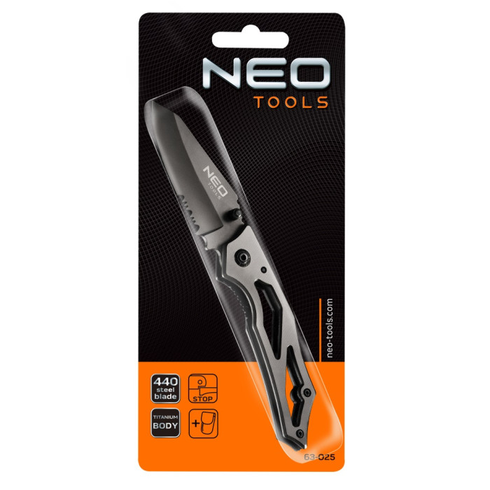 Ніж складаний Neo Tools, 167мм, лезо 70мм, фіксатор, титановий корпус, чохол (63-025)