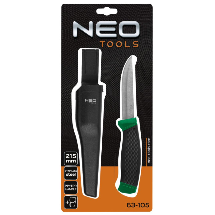 Ніж універсальний Neo Tools, 215мм, лезо 95мм, рукоятка двокомпонентна, чохол (63-105)