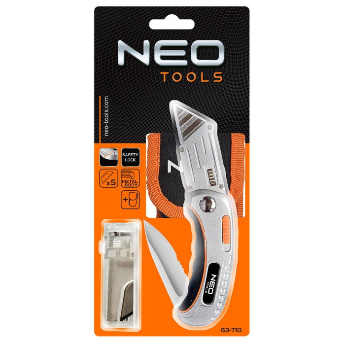 Neo Tools Ніж складаний, 2 наконечники, 5 трапецієподібних лез у наборі, чохол (63-710)