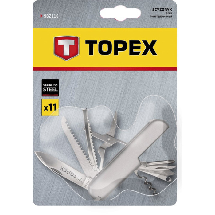 Ніж багатофункціональний TOPEX, 11 функцій, тримач металевий, нержавіюча сталь (98Z116)
