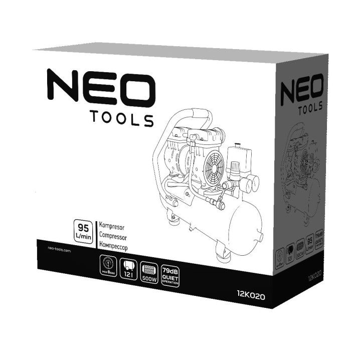 Neo Tools 12K020 Компресор, безмасляний, 230В, 12л, 8 Бар, 105л/хв, 500Вт, прямий привід, індукційний, IP20 (12K020)