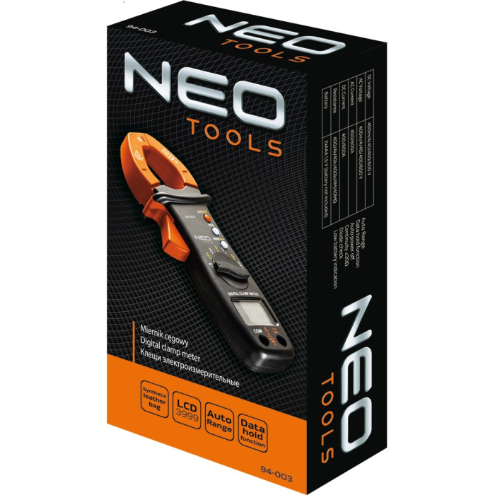 Neo Tools 94-003 Кліщі електровимірювальні, діаметр дроту до 28мм, РК дисплей з підсвічуванням, показання до 3999, чохол (мультиметр) (94-003)