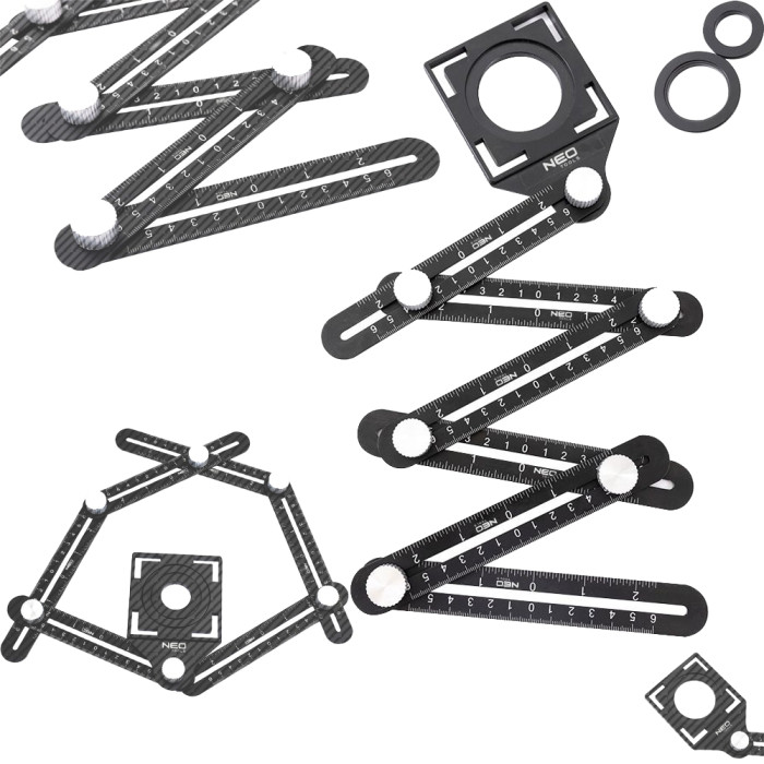 Neo Tools кутова, алюміній, 6 плечей шкалою 0-6 см, отвори у шаблоні 2.5/4/4.5 см (72-351)