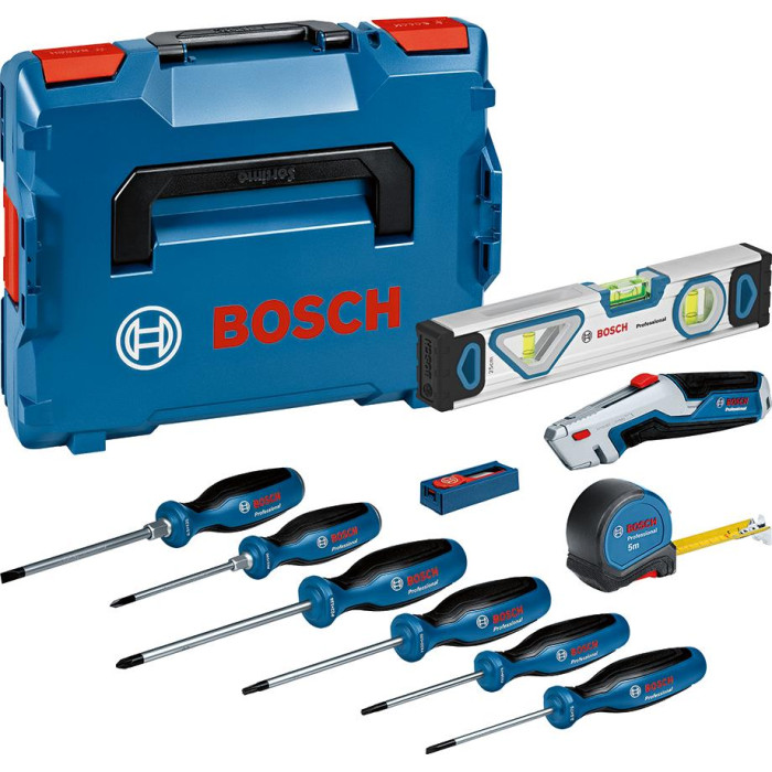 Набір професійних викруток та змішаних ручних інструментів Bosch 19 шт, L 3.5, SL6.5, TX15, TX20, PH1, PZ 2 мм, рулетка 5м, рівень 25см (0615990N2R)