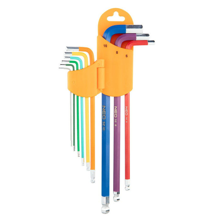 Neo Tools Ключі шестигранні, набір 9шт, кулястий наконечник, кольорові, сталь S2, 1.5-10мм (09-512)