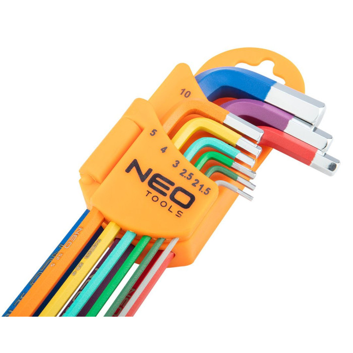 Neo Tools Ключі шестигранні, набір 9шт, кулястий наконечник, кольорові, сталь S2, 1.5-10мм (09-512)