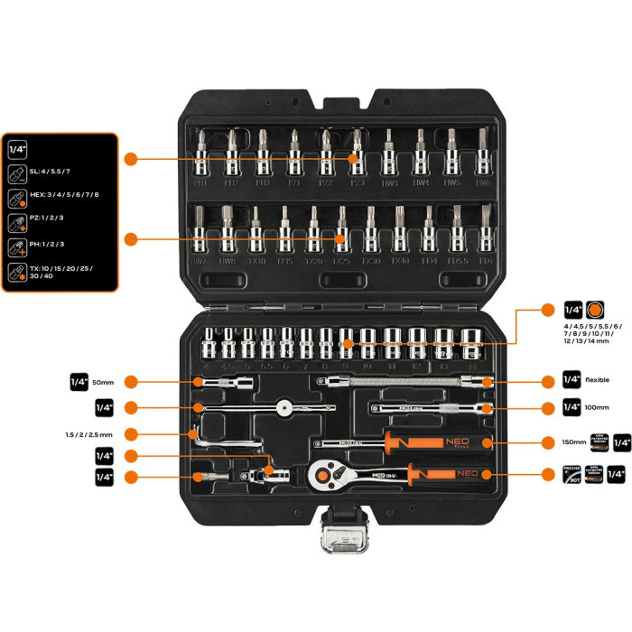 Neo Tools Набір інструментів, Набір торцевих головок, 46шт, 1/4