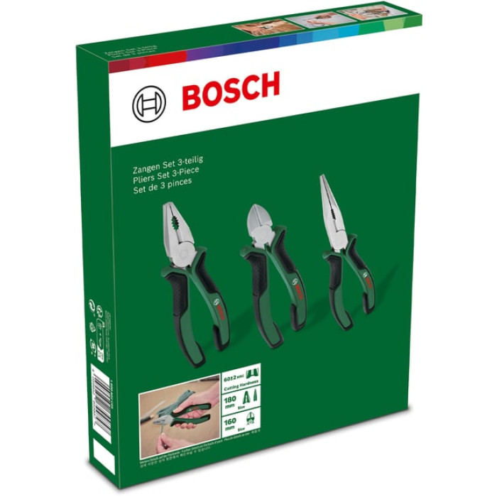 Плоскогубці Bosch набір 3 шт, комбіновані, подовжені, бокорізи (1600A02C0S)