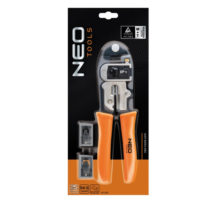 Neo Tools Кліщі обтискні, для обтиску наконечників 4P, 6P, 8P, змінні головки, 195мм (01-501)