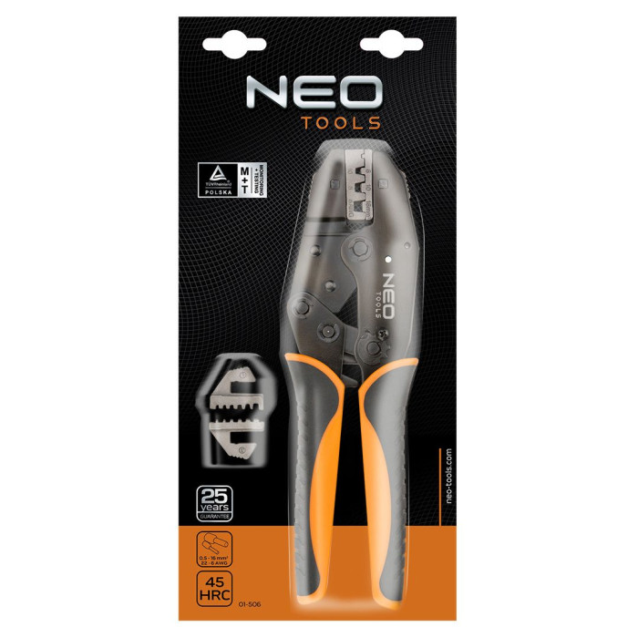Neo Tools Кліщі обтискні, для обтиску наконечників 0.5-16мм кв., 2 змінних губок, 220мм, CrMo (01-506)