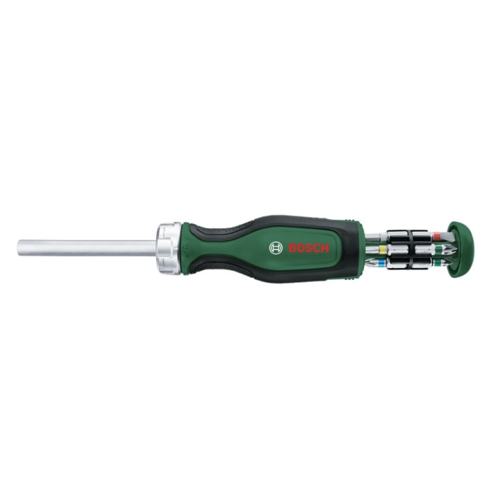 Викрутка Bosch з тріскачкою, 12 насадок, руків'я PC+ABS+TPR , 207мм, сталь CrV (1600A032V0)