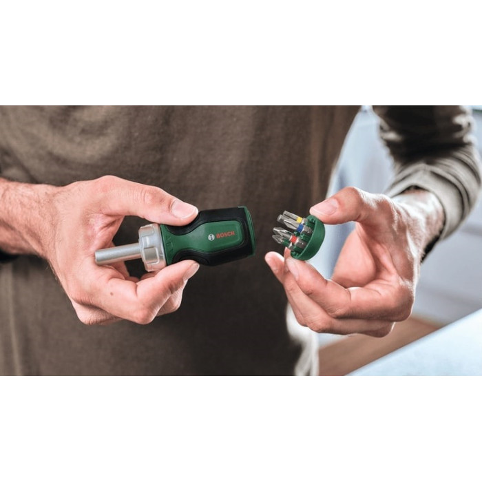 Викрутка Bosch з тріскачкою, 6 насадок, руків'я TPR (PZ1,PZ2,PH2,SL4,TX25,HEX5), 111мм, сталь CrV (1600A032UZ)