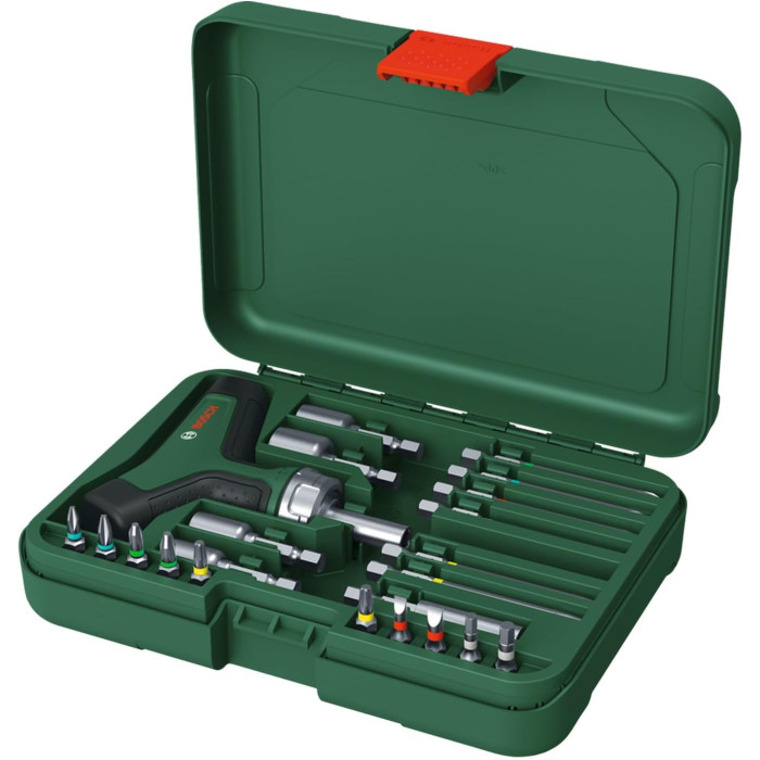 Викрутка Bosch з тріскачкою, Т-подібне руків'я, 20 насадок, 109мм, кейс, сталь CrV (1600A02Z9T)