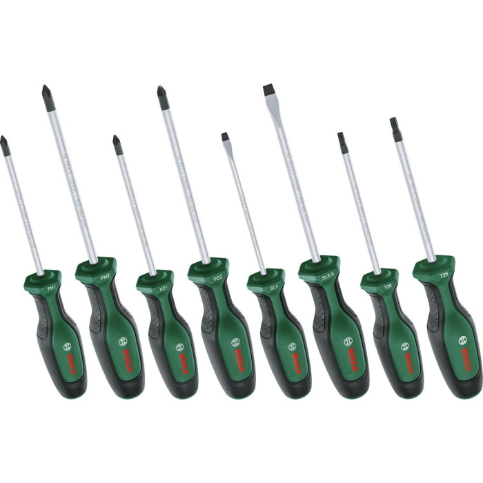 Викрутка Bosch набір 8шт, SL 4, 6.5 мм, PH1х100 мм, PH2х125 мм, PZ1х100 мм, PZ2х125 мм, Т20х100, Т25х100 (1600A02BX8)