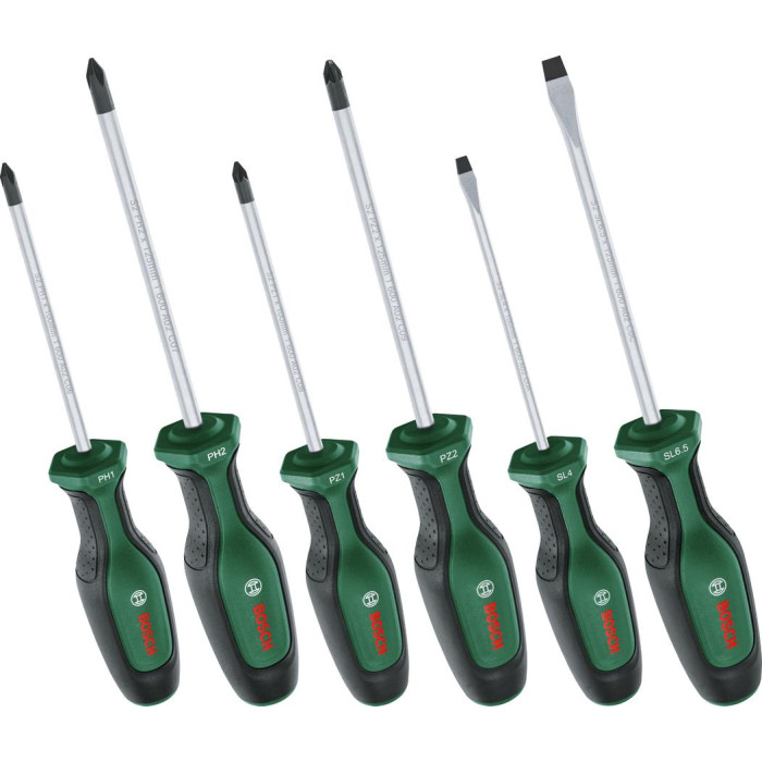 Викрутка Bosch набір 6шт, SL 4, 6.5 мм, PH1х100 мм, PH2х125 мм, PZ1х100 мм, PZ2х125 мм (1600A02BX7)