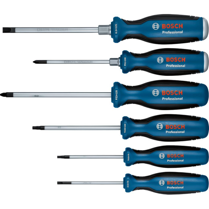 Викрутка Bosch набір 6шт, SL 3.5, 6.5 мм, Т15х75мм, Т20х100мм, PH1x100мм, PZ2x125 мм (1600A02CV3)