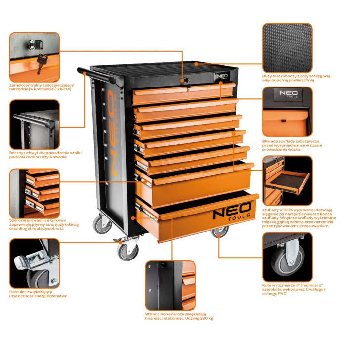 Neo Tools 84-222 Тележка для инструмента, 7 ящиков, 680x460x1030мм, грузоподъемность 280 кг, стальной корпус (84-222)
