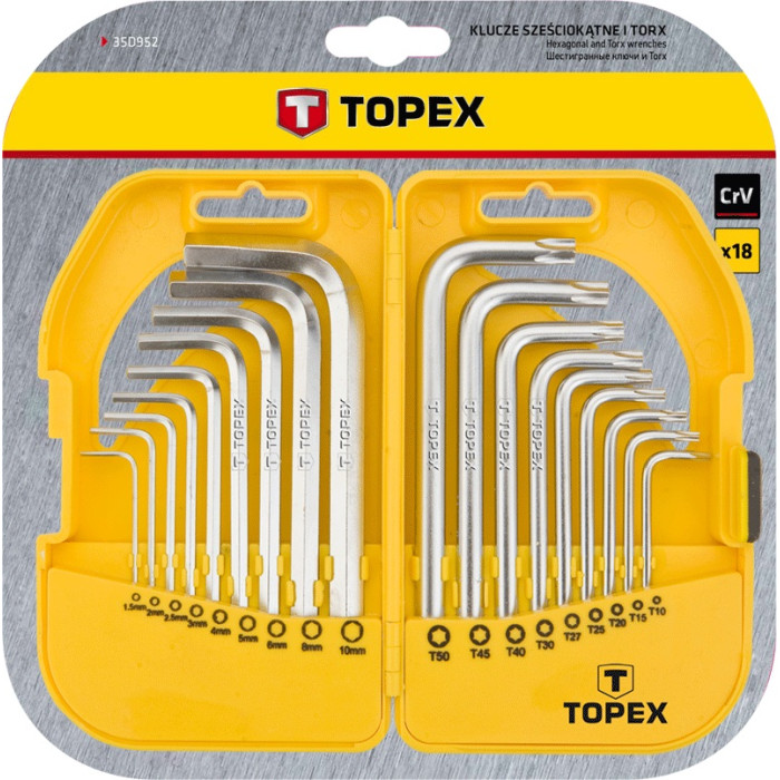 Ключі шестигранні та Torx TOPEX, набір 18шт, CrV, 1.5-10мм, T10-T50 (35D952)
