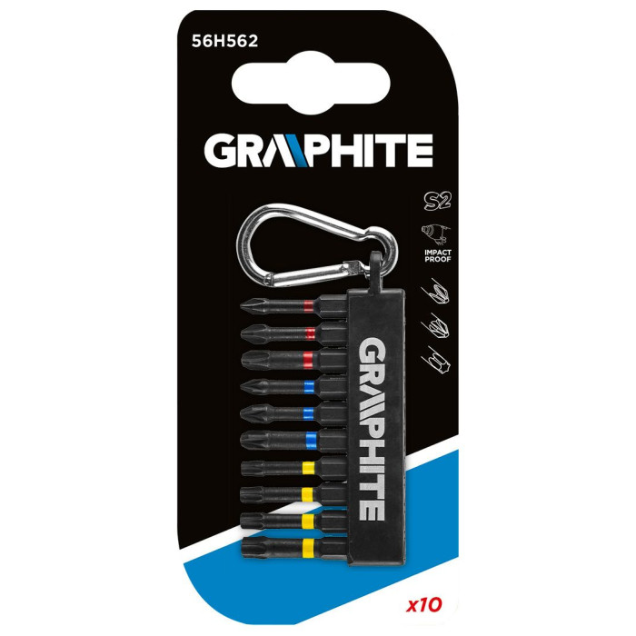 Graphite Біти ударні, набір 10шт, 50мм, PH,PZ,TX, сталь S2, карабін (56H562)
