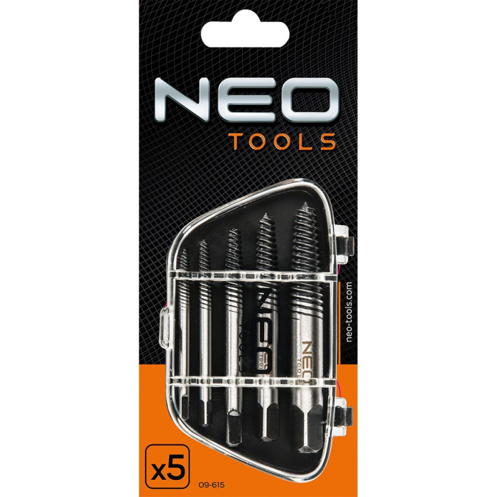 Neo Tools Екстрактори для зламаних гвинтів, набір 5шт, для гвинтів М3-18мм, CrMo, футляр (09-615)