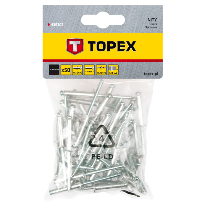 Topex Заклепки, алюмінієві, 3.2x10мм, 50шт (43E302)
