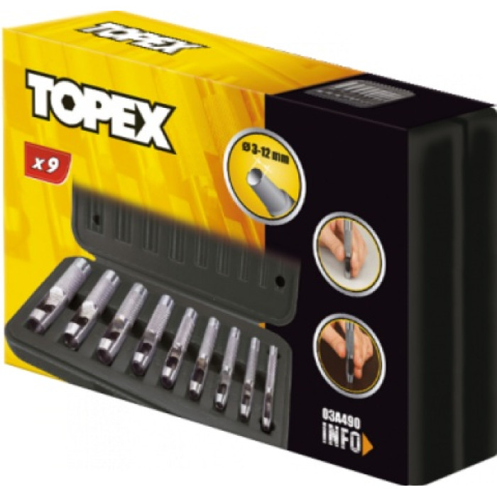 Topex Пробійник круглих отворів, крейцмейсель, набір 9шт, 3-12мм, 195мм, кейс (03A490)