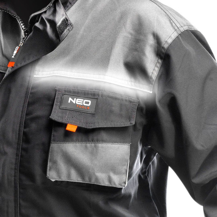 Neo Tools Комбінезон робочий, XXL (58), 267 г/м2, посилення з тканини Oxford, світлоповертаючі елементи, відсіки для наколінників, сірий (81-250-XXL)