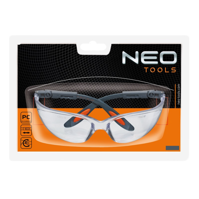 Neo Tools Окуляри захисні протиосколкові, нейлонові дужки, регулювання довжини та кута душок, стійкі до подряпин, прозорий (97-500)