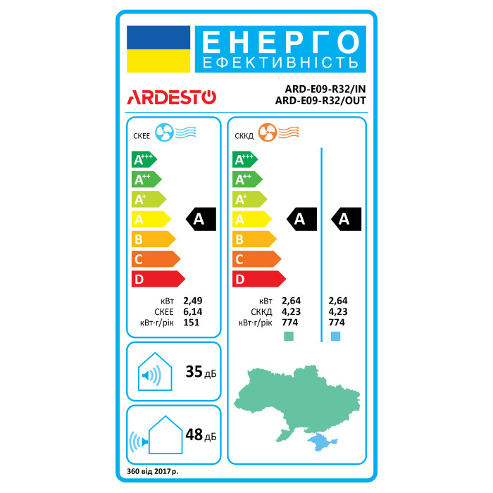 ARDESTO Кондиціонер ARD-E09-R32, 25 м2, on/off, A/A, до -7°С, R32, білий (ARD-E09-R32)