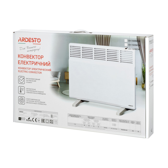 ARDESTO Конвектор електричний СН-1500ECW, 1500 Вт, 15 м2, закритий нагрів. елемент, LED-дисплей, IP 24, електронне керування, тижневий програматор, білий (CH-1500ECW)