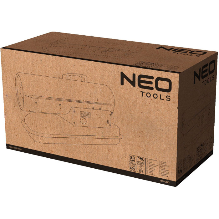 Neo Tools Теплова гармата дизель/гас, 20 кВт, 550 м3/год, прямого нагріву, бак 19л, витрата 1.9л/год, IPX4 (90-080)